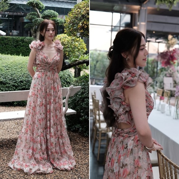 Mac Duggal NEW Ruffle Tiered Cut-Out Lace-up Chiffon‎ Floral Gown $598 - Size 4 - Picture 2 of 16